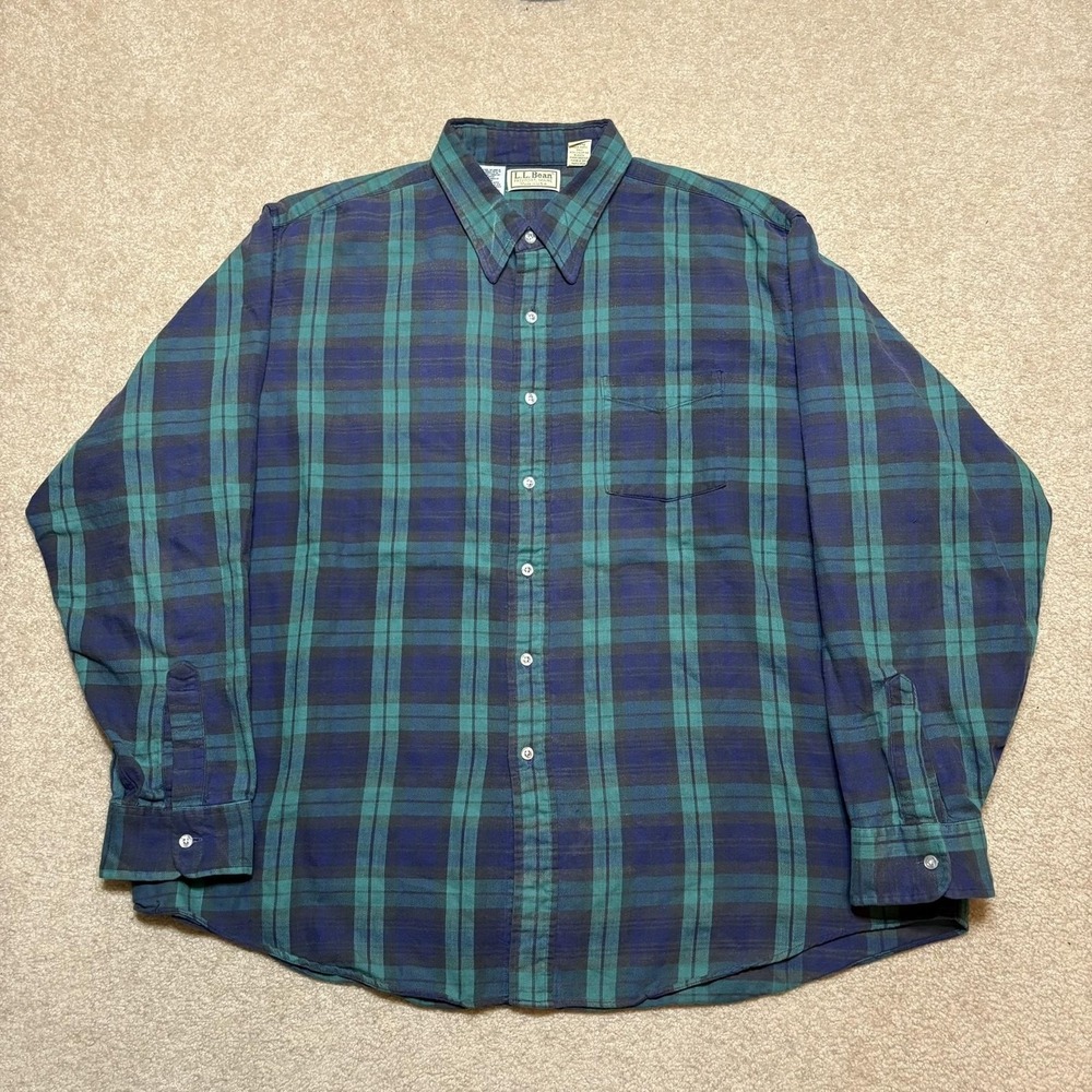 Vtg LL Bean Shirt Mens 2XL Green Plaid Flannel Button Up LS USA 100 Cotton 80s